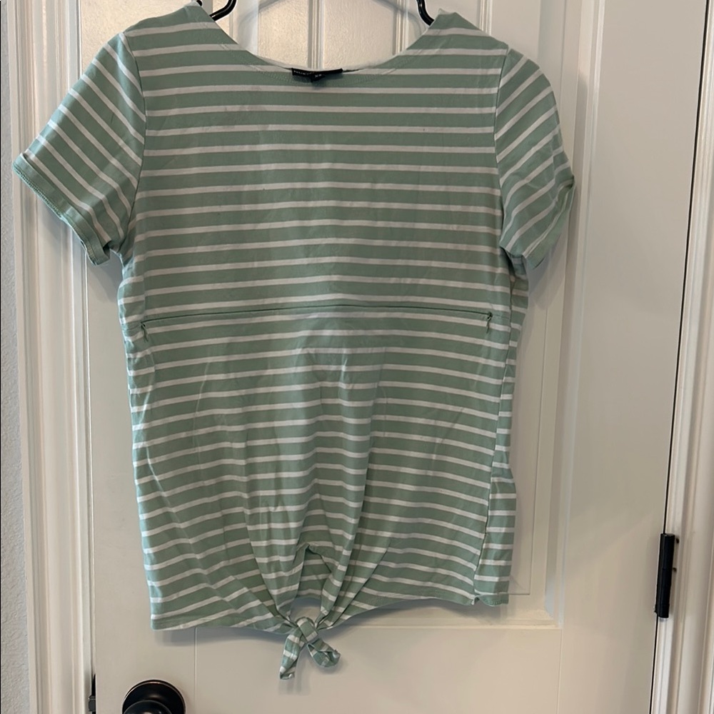 Nursing Queen Green and White Striped Short Sleeve Top